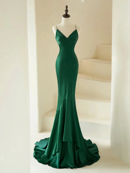 Suknia balowa Amzcw Mermaid V Neck Satin Green Long Prom Dress Green Satin Long Formalna sukienka na studniówkę sklepy z sukniami balowymi 