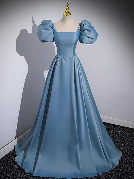 Amzcw A-Line Satin Blue Long Prom Dress Niebieskie satynowe długie wieczorowe sukienki w sklepie