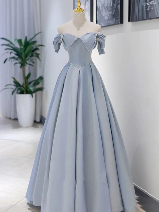 Vestido de fiesta largo de satén azul Amzcw, vestido de dama de honor de corte A azul, vestidos formales 