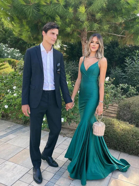 Amzcw Vestido de fiesta largo verde sirena con escote en V y sencillo, vestido de noche verde, vestidos formales 