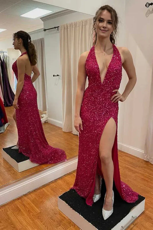 Amzcw Elegant Red Sequin Halter Backless Long Formal Dress with Side Slit