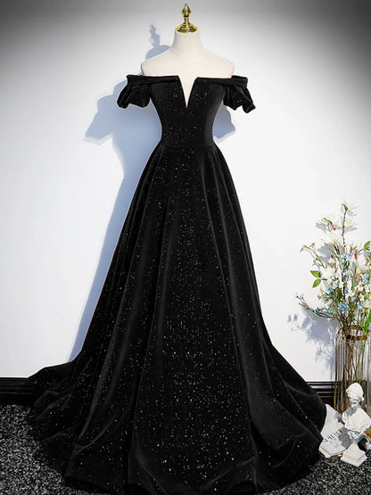 Vestido de fiesta largo de terciopelo negro con hombros descubiertos y corte en A de Amzcw. Vestido de noche formal de terciopelo. Vestido de fiesta en tienda.