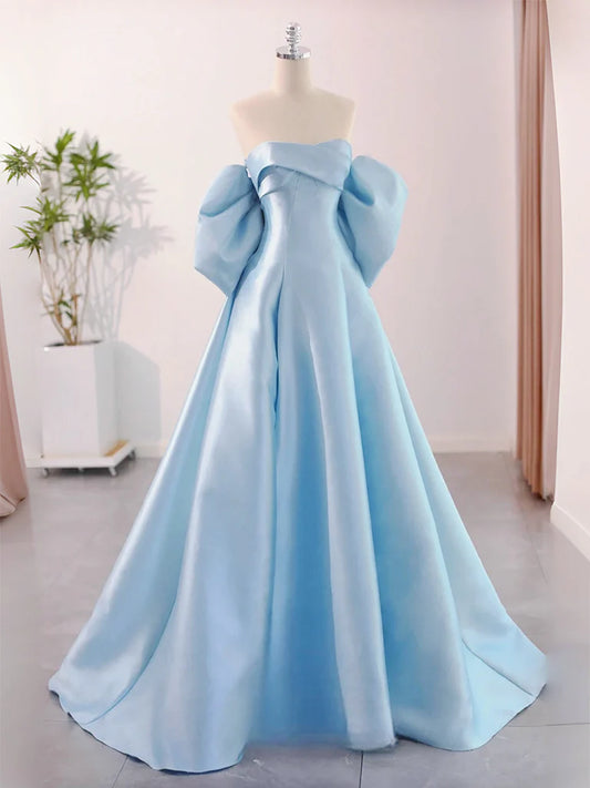 Suknia balowa Amzcw A-Line Sweetheart Neck Satin Blue Long Prom Dress Sklepy z sukniami balowymi