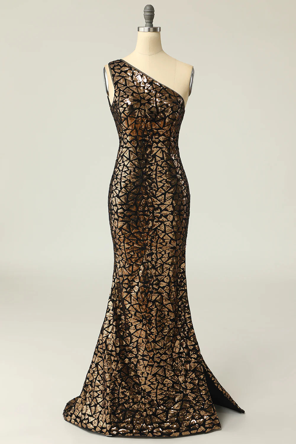 Vestido de fiesta de sirena con un solo hombro y lentejuelas doradas oscuras