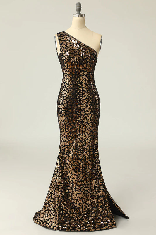 Vestido de fiesta de sirena con un solo hombro y lentejuelas doradas oscuras