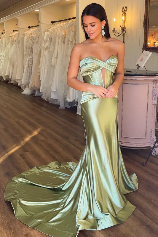 Amzcw Classy Strapless Keyhole Mermaid Satin Long Prom Dress with Slit