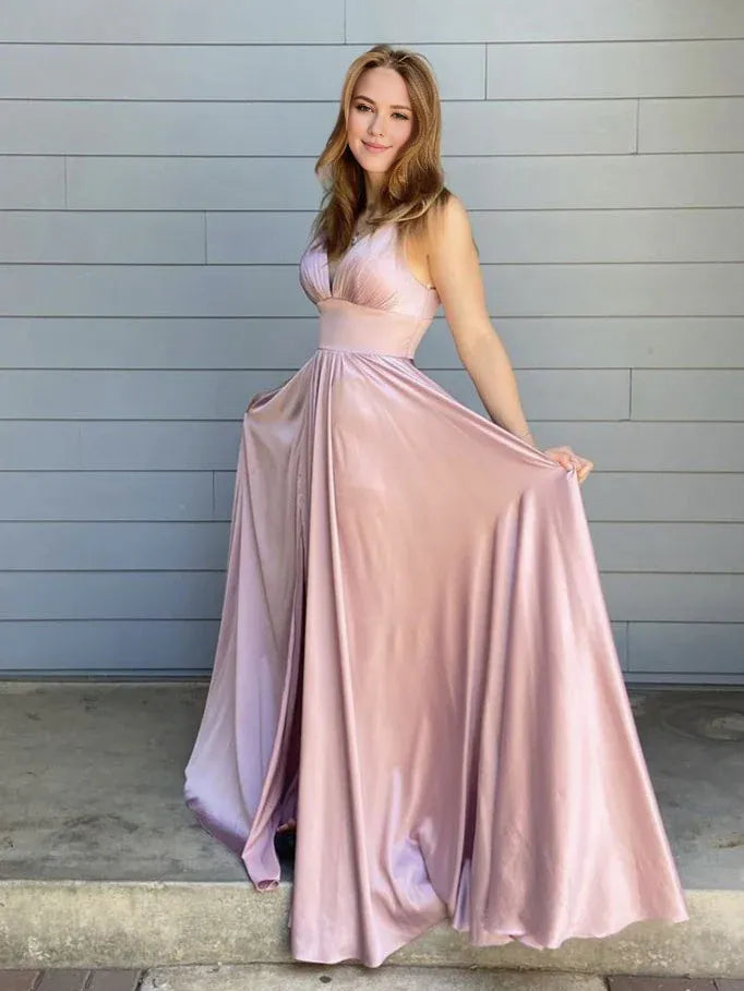 Amzcw Simple pink satin long prom dress pink evening dress formal wear dresses