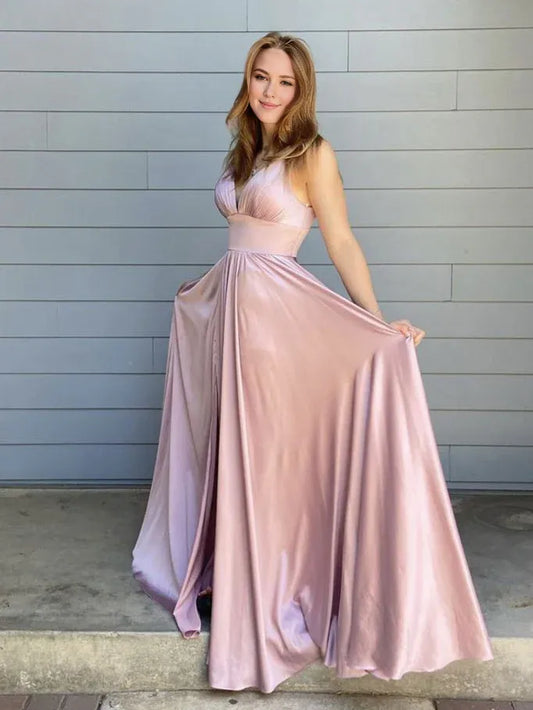 Amzcw Simple pink satin long prom dress pink evening dress formal wear dresses