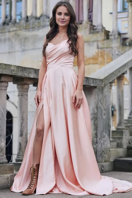 Vestido de fiesta formal plisado con abertura y escote en V de satén Amzcw con tirantes finos