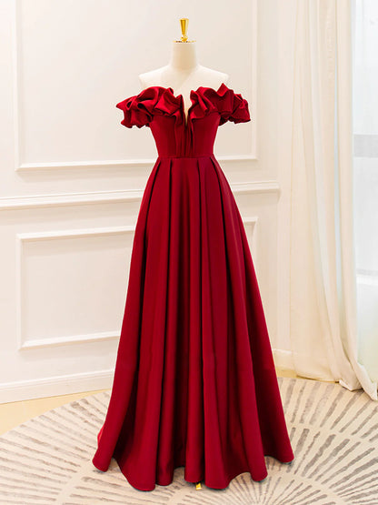 Amzcw A-Line Off Shoulder Satin Burgundy Long Prom Dress Burgundy Evening Dresses prom dress in store