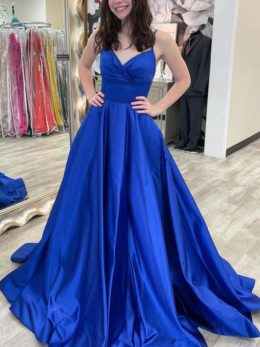 Amzcw Vestido de fiesta largo de satén con escote en V azul sencillo, vestido formal azul, vestidos formales 