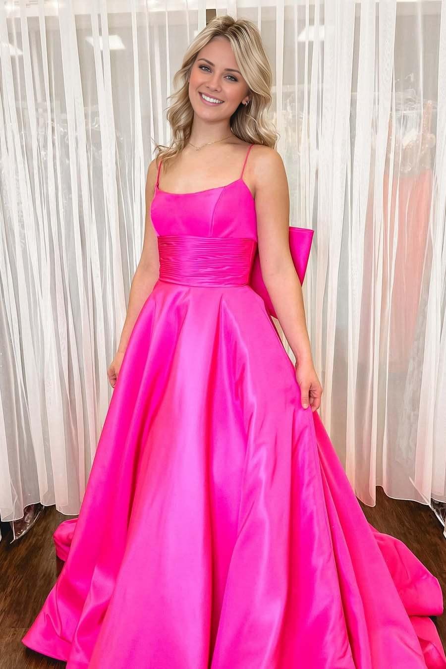 Vestido de fiesta largo de satén con tirantes finos en rosa intenso de Amzcw, corte A y lazo grande