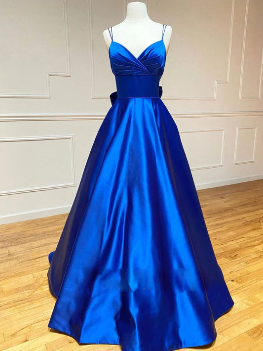 Amzcw Blue v neck satin long prom dress blue evening dress stores with prom dresses