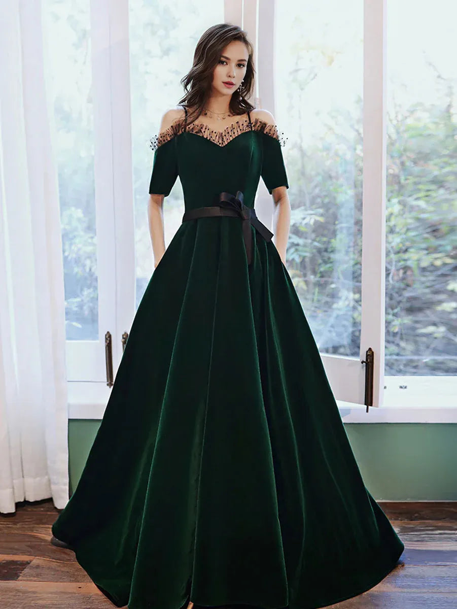 Vestido de fiesta largo de terciopelo verde de Amzcw, corte A, vestido de noche verde, vestidos formales. 