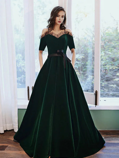 Vestido de fiesta largo de terciopelo verde de Amzcw, corte A, vestido de noche verde, vestidos formales. 