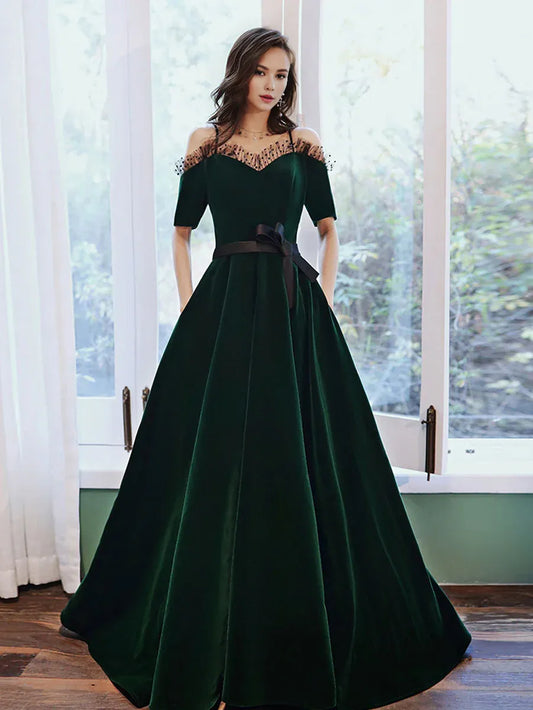 Vestido de fiesta largo de terciopelo verde de Amzcw, corte A, vestido de noche verde, vestidos formales. 