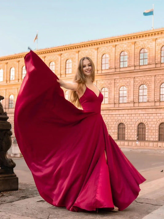 Amzcw Vestido de fiesta largo de satén rojo oscuro con escote en V sencillo, vestido de dama de honor de satén rojo, tiendas de vestidos de fiesta 