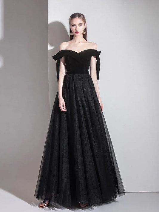 Amzcw Simple black off shoulder tulle long prom dress black evening dress prom dresses shops