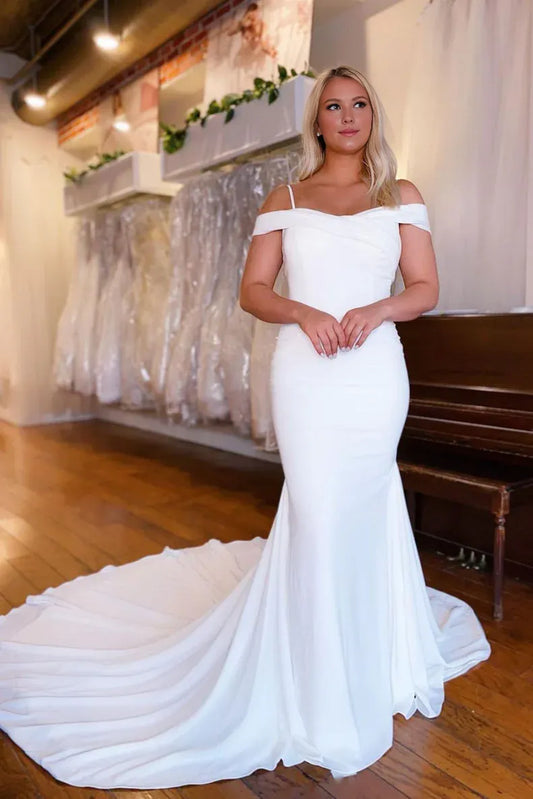 Amzcw Elegant White satin mermaid long prom dress white evening dress formal wear dresses