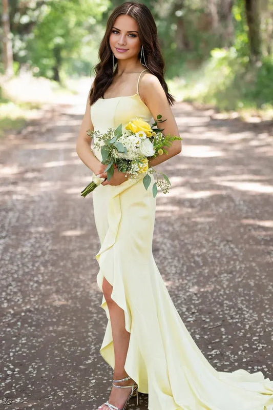 Amzcw Simple Yellow Spaghetti Straps Mermaid Satin Formal Prom Dress