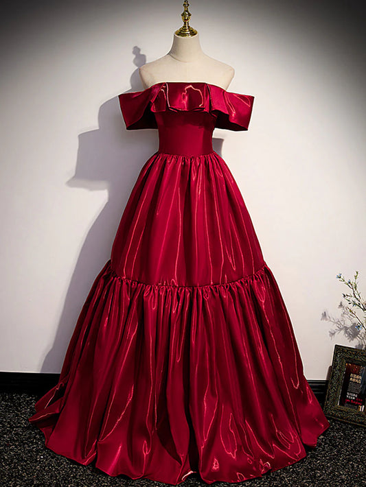 Amzcw Vestido de fiesta largo de satén burdeos con hombros descubiertos, sencillo, vestido de noche burdeos, tiendas de vestidos de fiesta