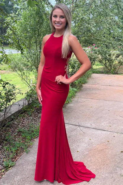 Vestido de fiesta formal Amzcw de sirena, escote redondo, plisado y sin mangas