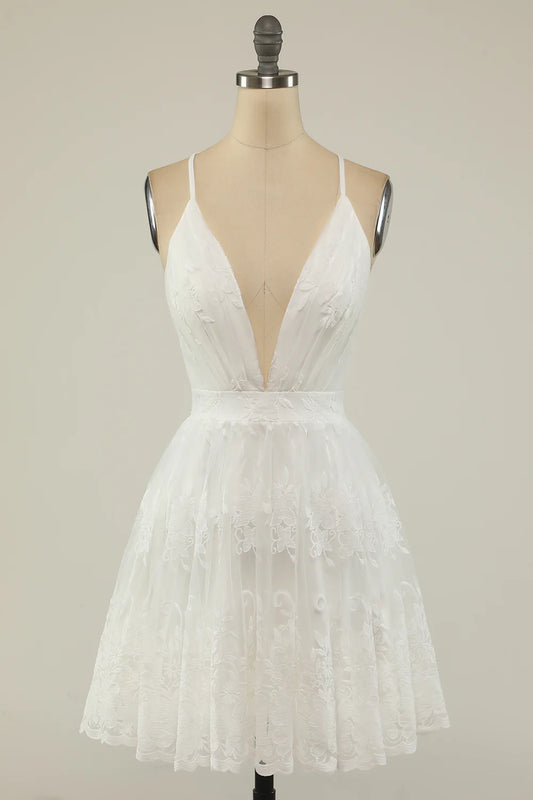 White Spaghetti Straps Short Prom Dress