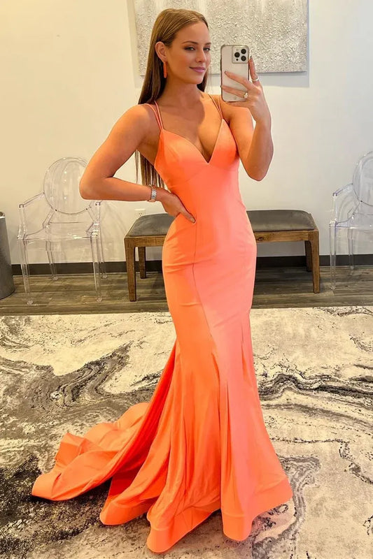 Amzcw Orange V-Neck Lace-Up Back Trumpet Long Formal Dress formal wear dresses