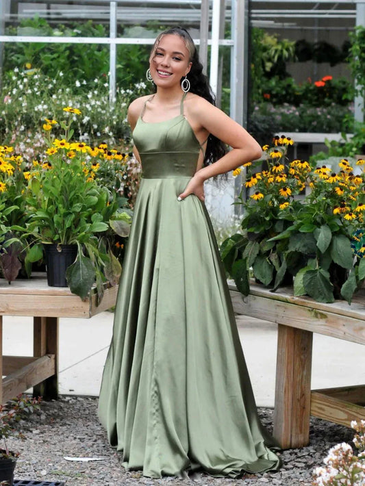 Amzcw Simple green satin long prom dress green evening dress formal wear dresses