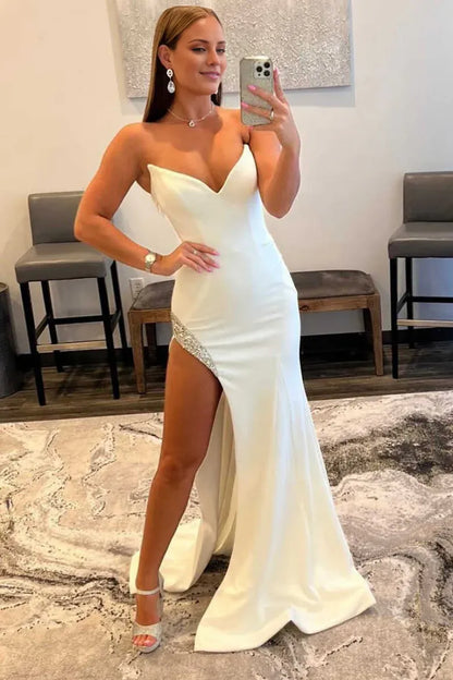 Amzcw Elegant White Strapless Mermaid Long Prom Dress with Bead Trimmed Slit