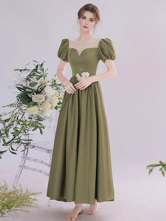 Amzcw A-Line Green Satin Tea Length Prom Dress Green Long Formal Dress prom dress in store
