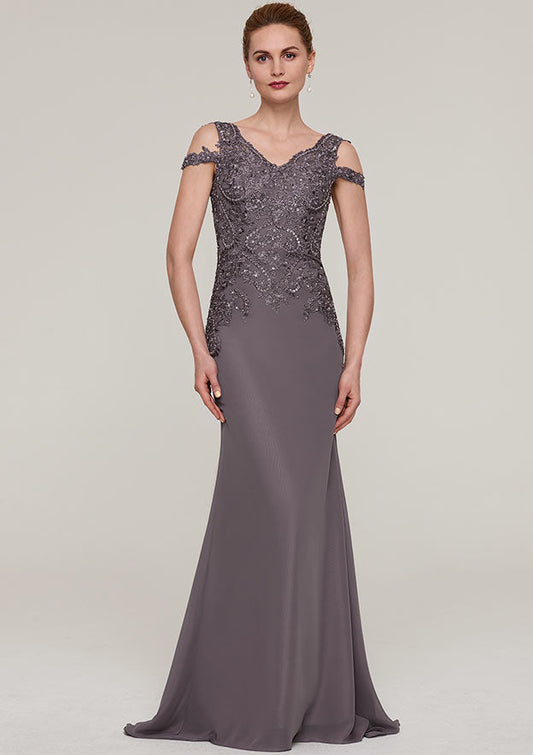 Wedding Guest Dresses Gray Elegant Mermaid V Neck Sleeveless With Sequins Lace Appliqued Sweep Train Hot Sale Mother of the Bride Dress