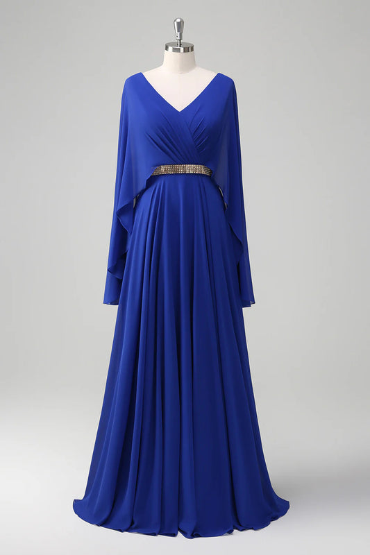 Amzcw Royal Blue A Line V-neck Chiffon Long Mother Dress with Belt gowns evening dresses