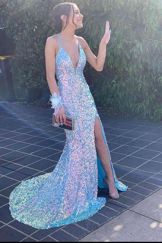 Amzcw Iridescent Blue Sequin V-Neck Mermaid Long Formal Dress formal wear dresses