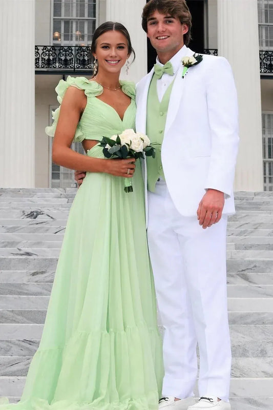 Amzcw Elegant Chiffon Lace-Up Ruffle Belted A-Line Prom Dress