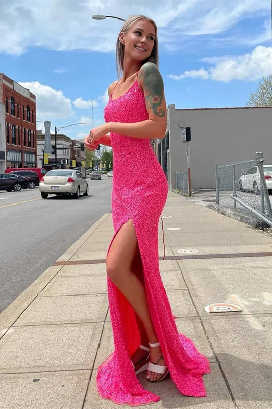 Amzcw Elegant Neon Pink Sequin Mermaid Long Formal Dress
