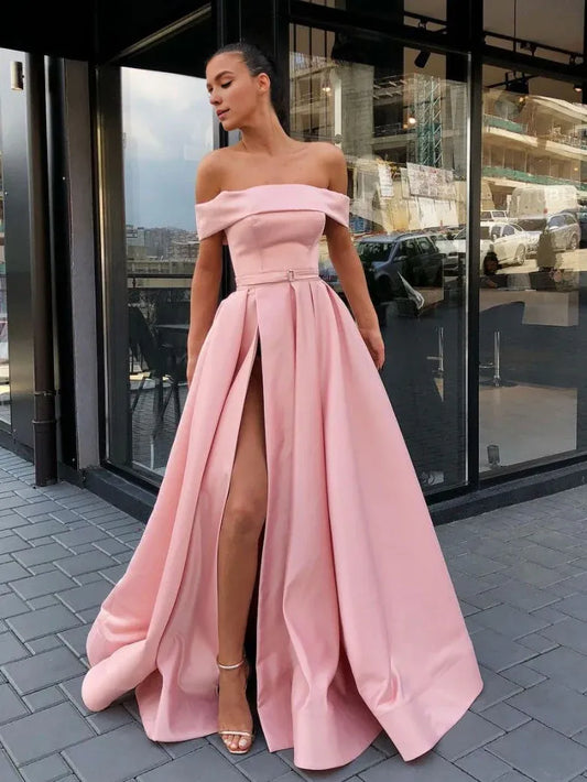 Amzcw Vestido de fiesta largo de satén rosa con corte A sencillo, vestido de noche rosa, vestidos formales 