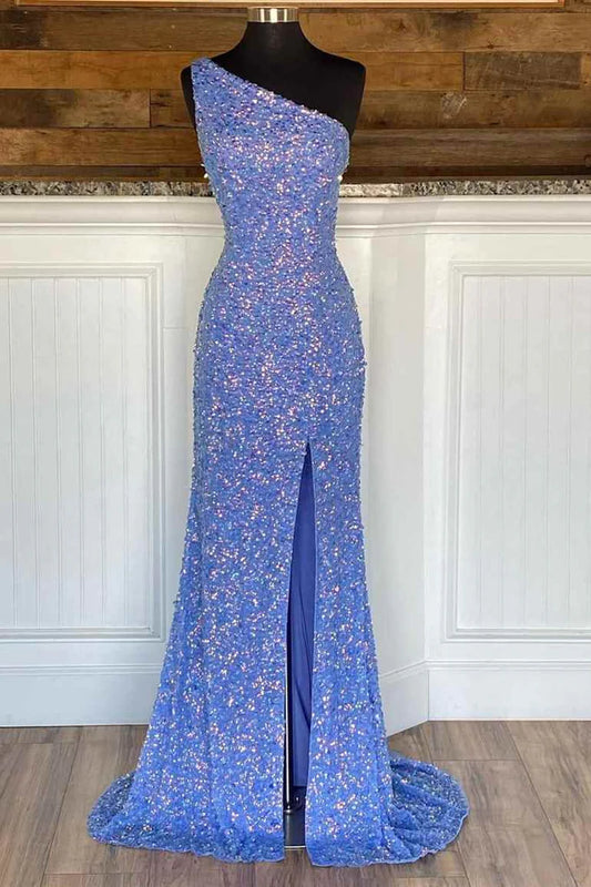 Amzcw Elegant One Shoulder Lavender Sequins Mermaid Long Formal Dress