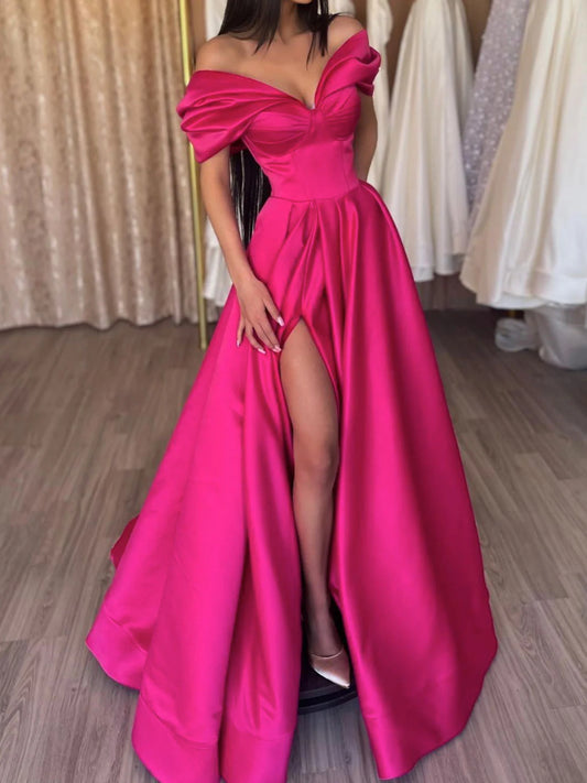 Amzcw Elegant v neck off shoulder satin long prom dress formal evening dress formal wear dresses
