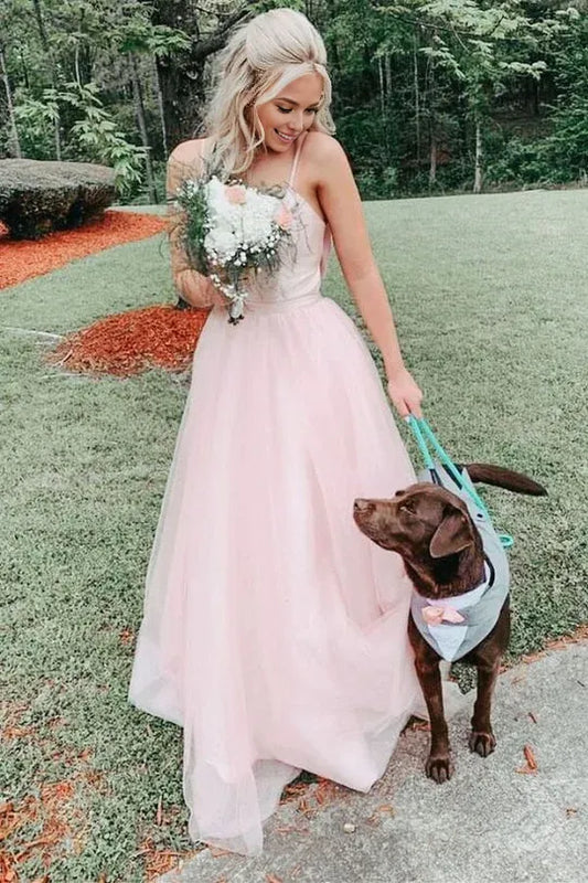 Amzcw Elegant Bow Back Pink A-line Empire-Waist Sleeveless Tulle Long Prom Dress