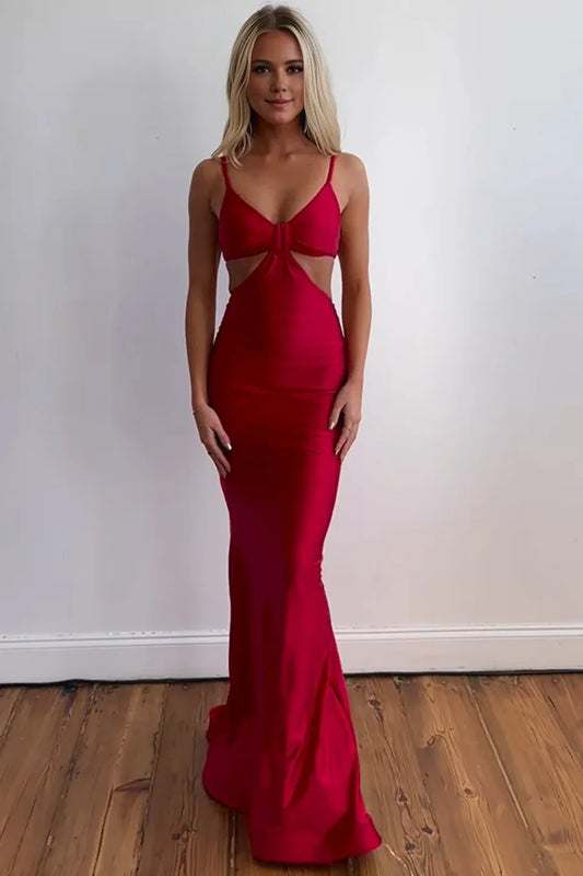 Amzcw Classy Red Spaghetti Straps V-Neck Mermaid Satin Sleeveless Long Prom Dress