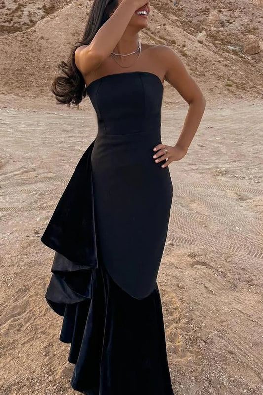 Amzcw Simple Black Strapless Scoop Neck Mermaid Sleeveless Formal Prom Dress
