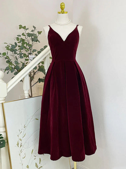 Vestido de fiesta Amzcw de terciopelo burdeos con escote en V y corte en A, largo hasta la rodilla, vestido formal de terciopelo, vestido de fiesta en tienda 