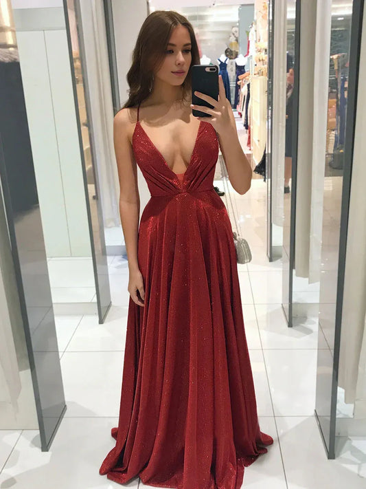 Amzcw Simple v neck A line long prom dress burgundy evening dress formal wear dresses