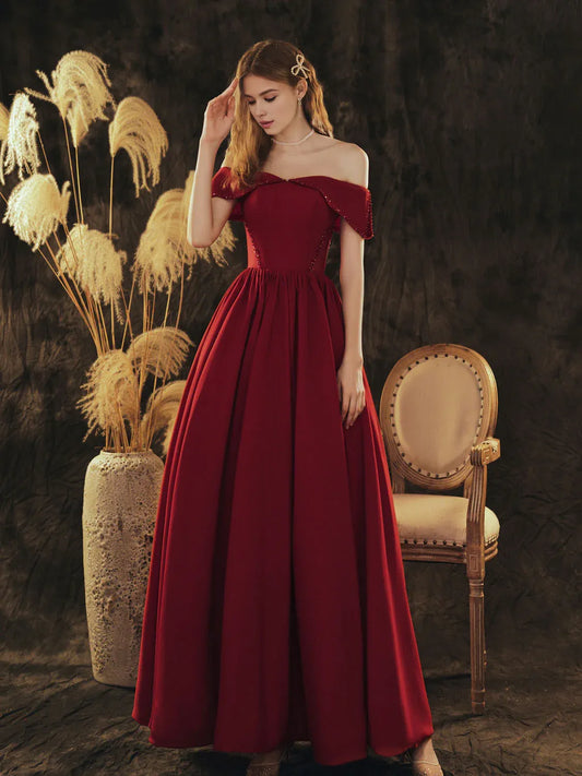 Amzcw A-Line Off Shoulder Satin Burgundy Long Prom Dress Burgundowa formalna suknia wieczorowa sukienka na studniówkę w sklepie 