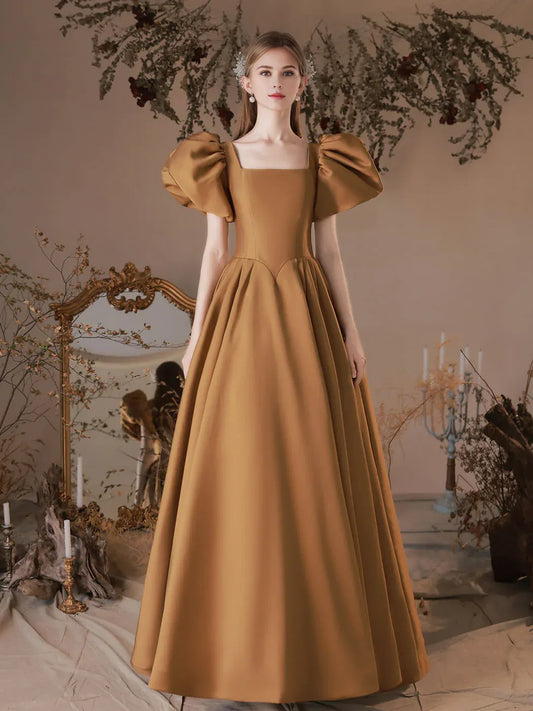 Amzcw Simple Square Neckline Satin Long Prom Dress Satin Formal Evening Dress prom dress in store