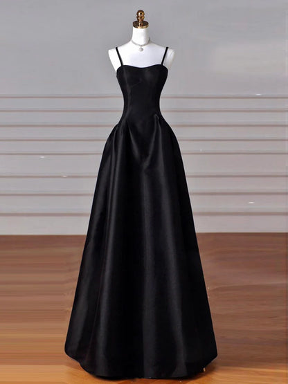 Suknia wieczorowa Amzcw A-Line Sweetheart Neck Satin Black Long Prom Dress - sklepy z sukniami balowymi 