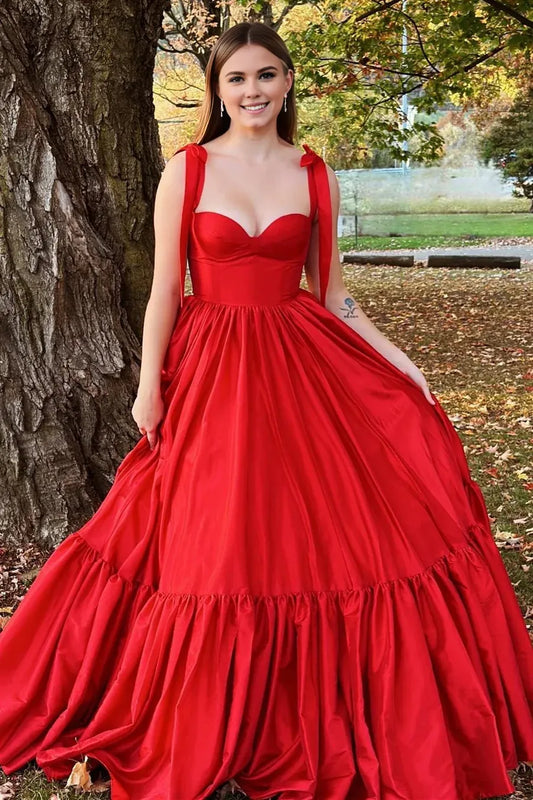 Amzcw Elegant Red Sweetheart Bow Strap A-Line Long Prom Dress