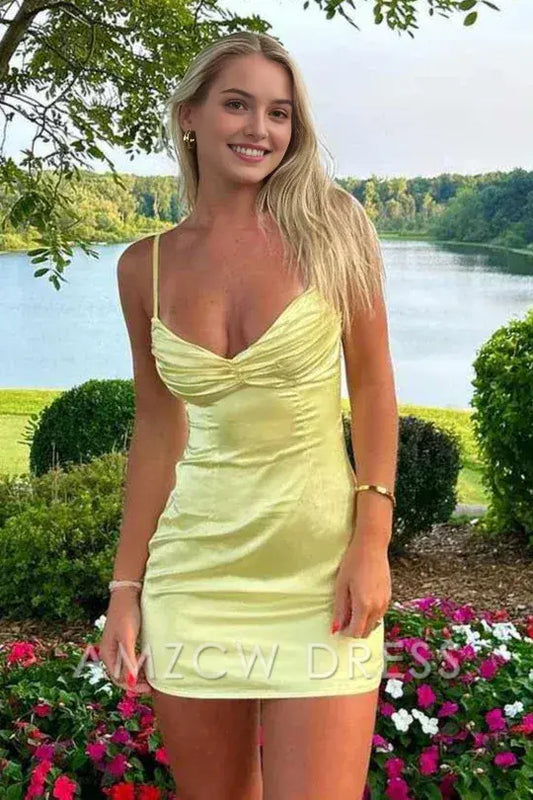 Amzcw Elegant Yellow Tight Spaghetti Strap Homecoming Dress formal wear dresses