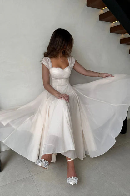 Midi Evening Dresses with Square Neck Tulle Cap Sleeve Corset Bodice and Flared Tulle Skirt